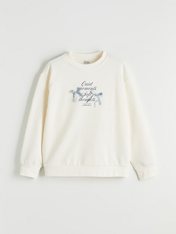 LCW Kids Bisiklet Yaka Baskılı Kız Çocuk Kalın Sweatshirt
