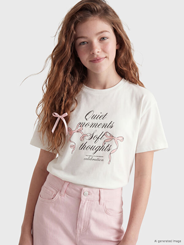 LCW Kids Bisiklet Yaka Baskılı Kız Çocuk Tişört