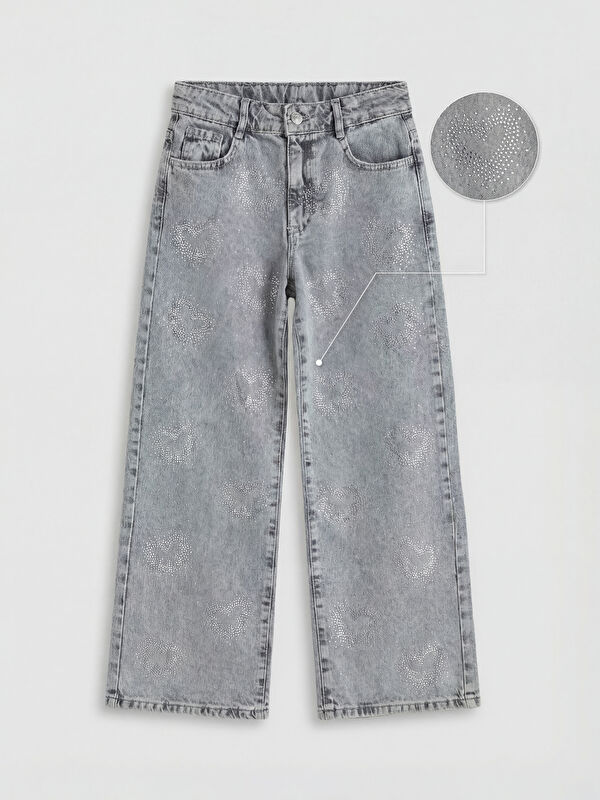 LCW Kids Wideleg Kelebek Taşlı Kız Çocuk Jean Pantolon