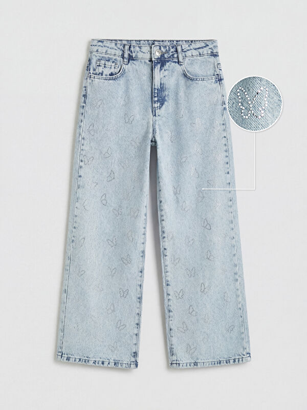 LCW Kids Wideleg Kelebek Taşlı Kız Çocuk Jean Pantolon