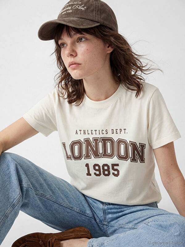 XSIDE Bisiklet Yaka London Baskılı Kadın Tişört