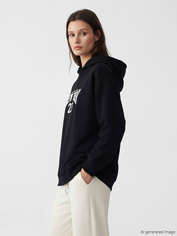 LCW Modest Kapüşonlu New York Baskılı Kadın Sweatshirt Tunik