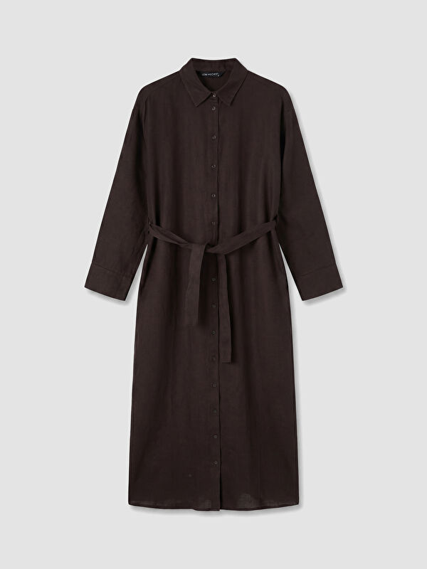 LCW Modest Kuşaklı Keten Gömlek Elbise