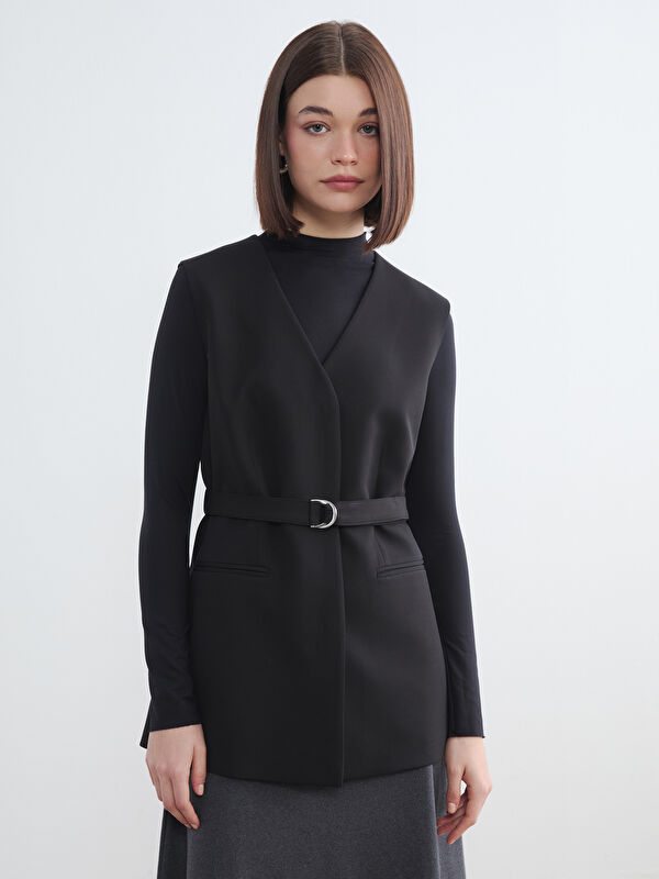 LCW Modest V Yaka Beli Kemerli Kadın Klasik Yelek	