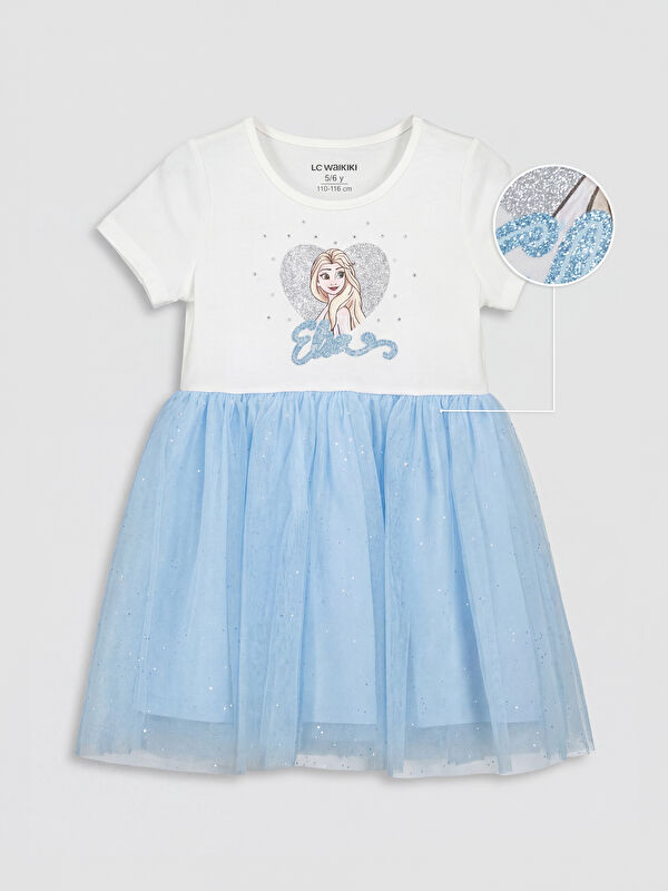 LCW Kids Frozen Baskılı Bisiklet Yaka Kız Çocuk Tül Elbise