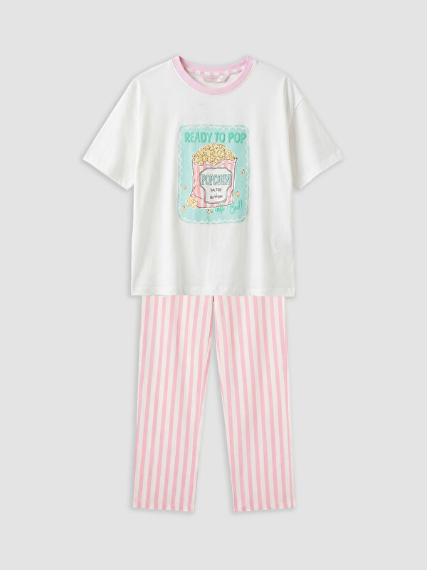 LCW Young Bisiklet Yaka Baskılı Kadın Pijama Takımı