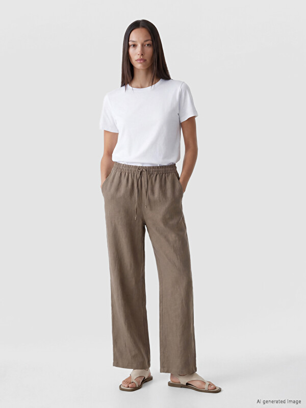 LCWAIKIKI Classic Beli Lastikli Kadın Keten Pantolon