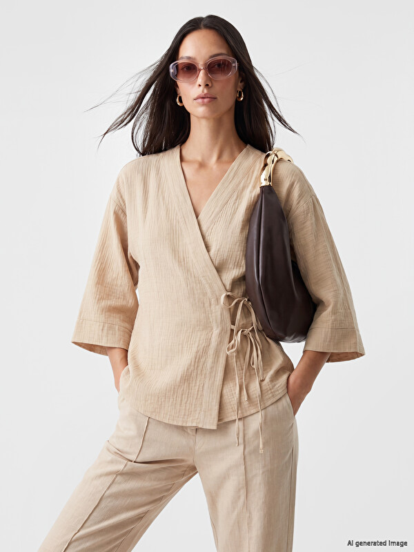 LCW EVERYDAY Kruvaze Yaka Müslin Oversize Kadın Kimono