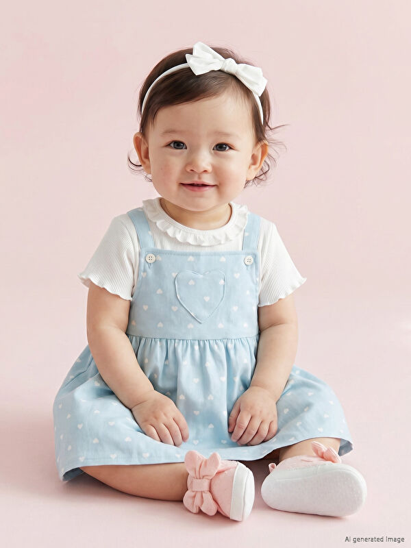 LCW baby Kalp Desenli Kız Bebek Gabardin Elbise ve Tişört