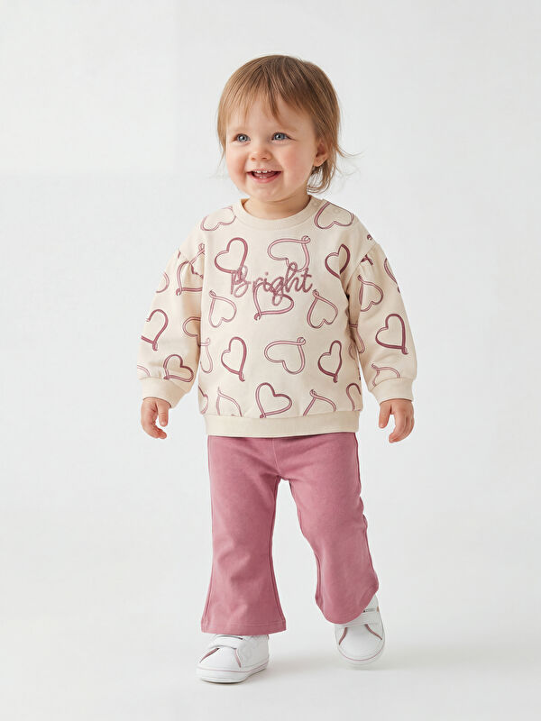 LCW baby Kalp Baskılı Kız Bebek Sweatshirt ve Tayt