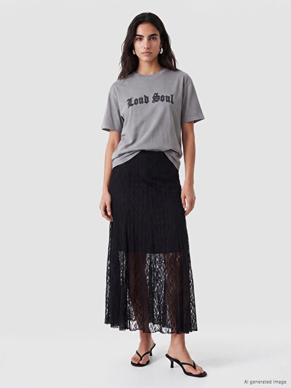 LCW Vision Elastic Waist Pleated Lace Skirt
