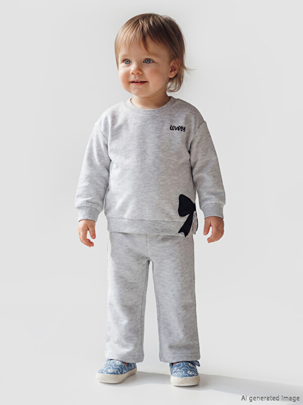 LCW baby Bow Detailed Baby Girls' Sweatshirt and Sweatpants