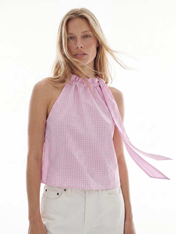 LCW Vision Halter Yaka Ekose Fiyonk Detaylı Bluz