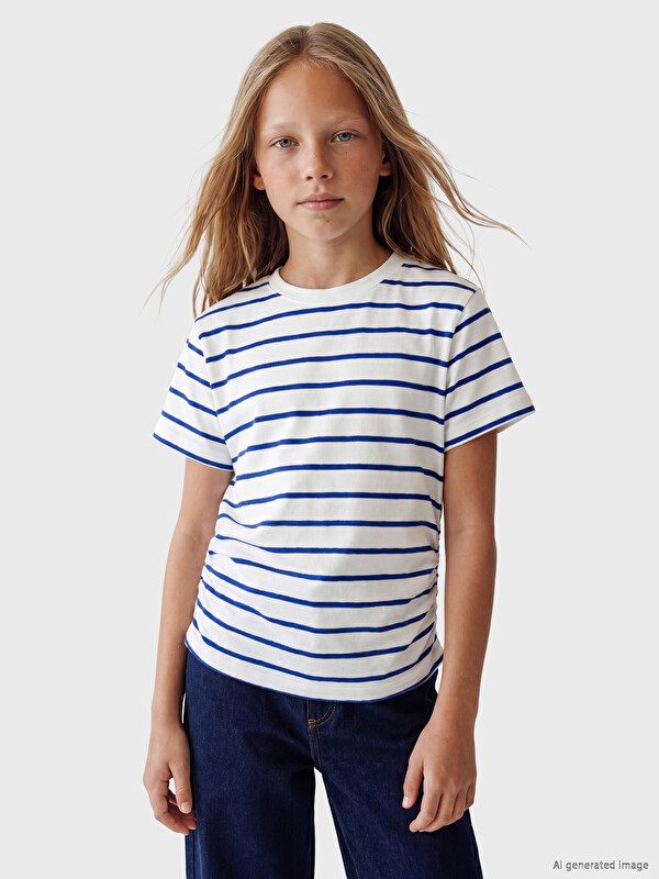 LCW Kids Çizgili Büzgülü Kız Çocuk Tişört