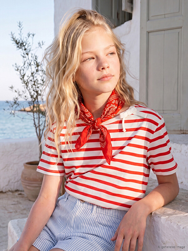 LCW Kids Bow Detailed Striped Girls' T-Shirt