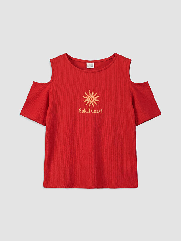 LCW Kids Omuzu Açık Nakışlı Kız Çocuk Tişört