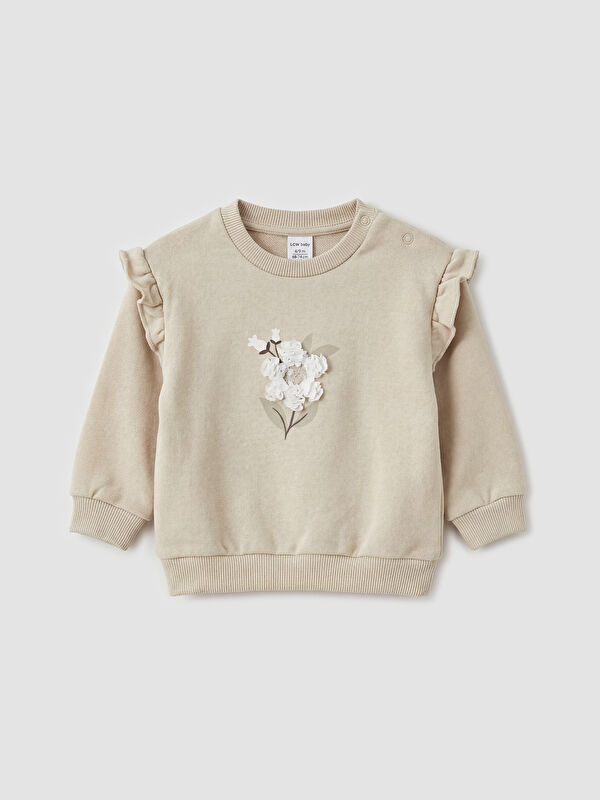 LCW baby Bisiklet Yaka Çiçek Aplikeli Kız Bebek Sweatshirt
