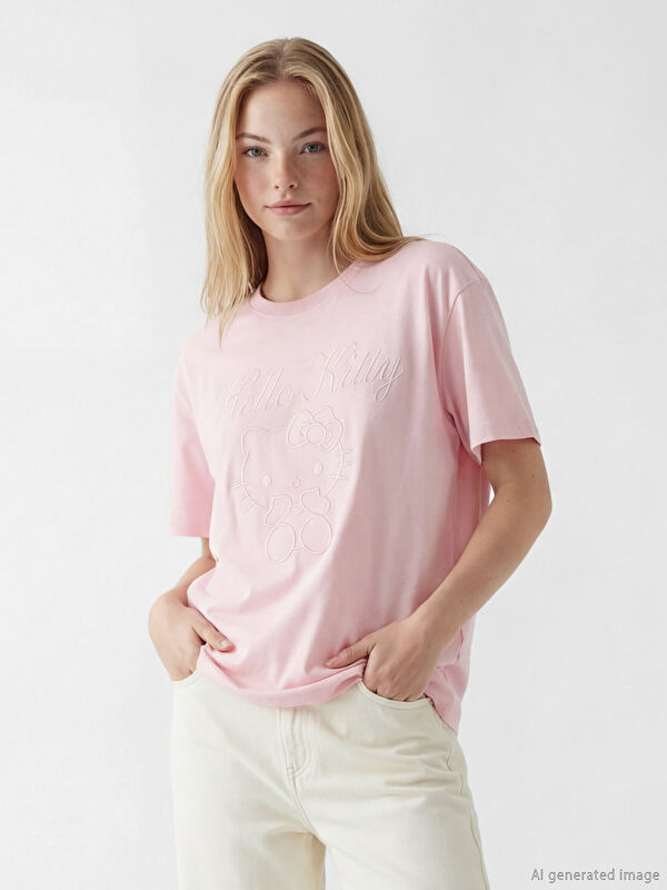 XSIDE Hello Kitty Nakışlı Oversize Kadın Tişört