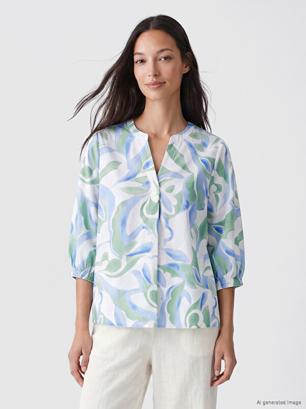 LCW EVERYDAY Notch Neck Patterned 100% Cotton Blouse