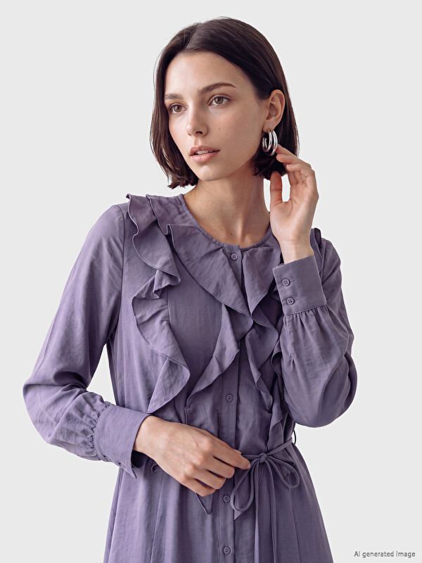 LCW Modest Bisiklet Yaka Fırfırlı Belden Oturtma Elbise