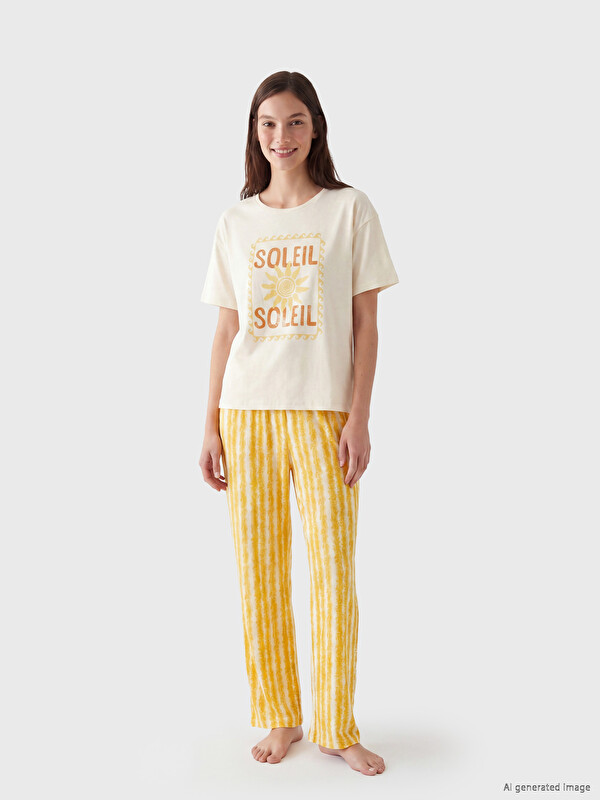 LCW DREAM Bisiklet Yaka Baskılı Kadın Pijama Takımı