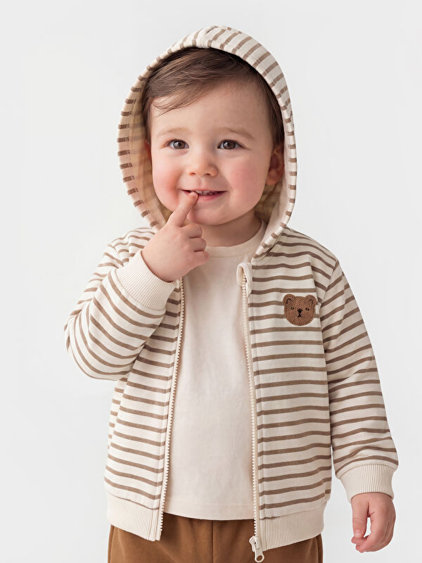 LCW baby Kapüşonlu Çizgili Erkek Bebek Fermuarlı Sweatshirt