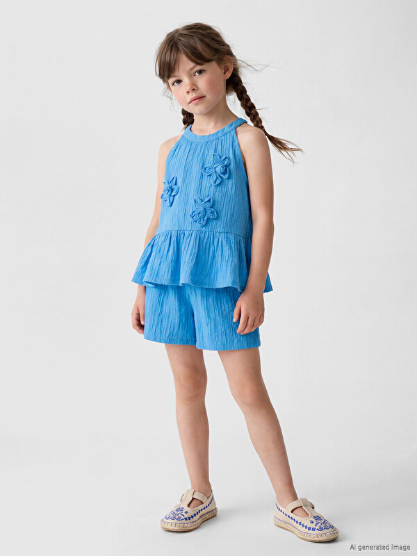 LCW Kids Çiçek Aplikeli Kız Çocuk Krinkle Takım