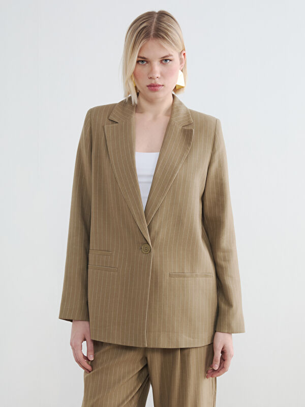 LCW Vision Çizgili Keten Karışımlı Kadın Blazer Ceket	
