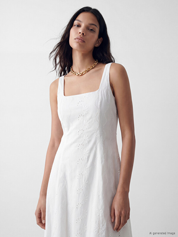 LCW Vision Square Neck Broderie Flared Dress
