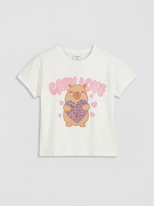 LCW Kids Bisiklet Yaka Baskılı Kız Çocuk Tişört