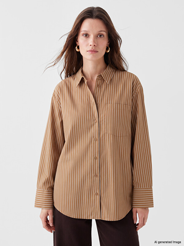 LCW Modest Çizgili Oversize Poplin Kadın Gömlek