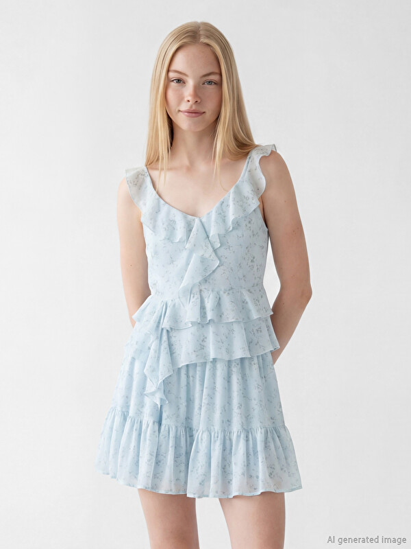 XSIDE V Neck Frilled Floral Chiffon Blouse