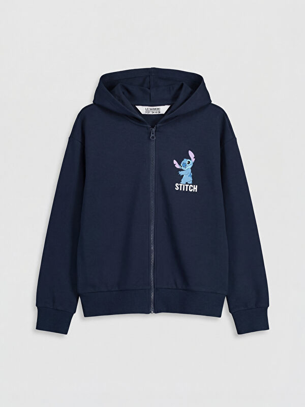 LCW Kids Stitch Baskılı Kız Çocuk Soft Touch Fermuarlı Sweatshirt