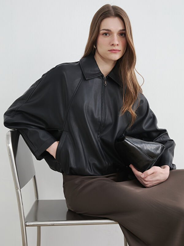 LCW Modest Gömlek Yaka Oversize Kadın Deri Görünümlü Ceket