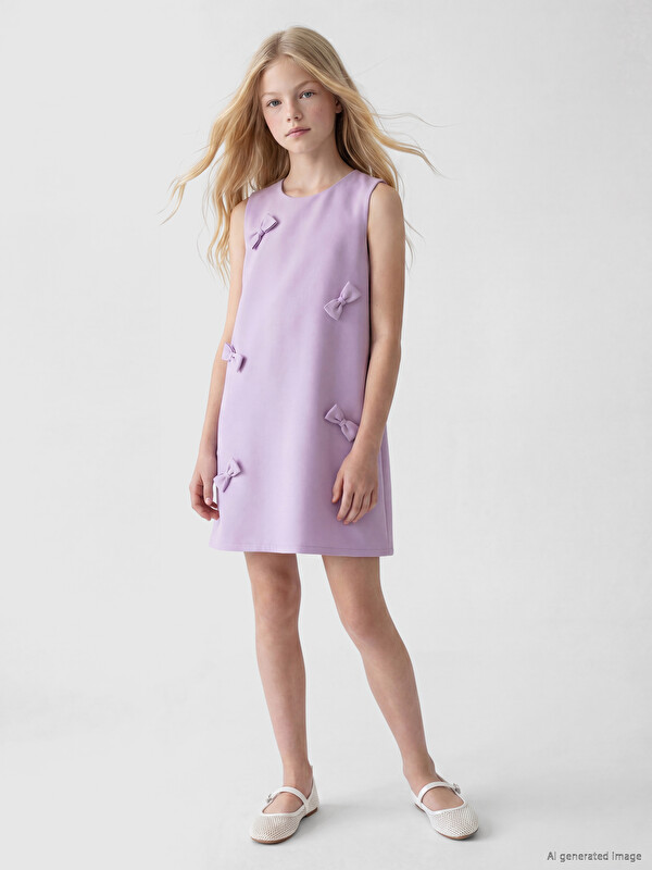 LCW Kids Crew Neck Bow Detailed Girls' Dress