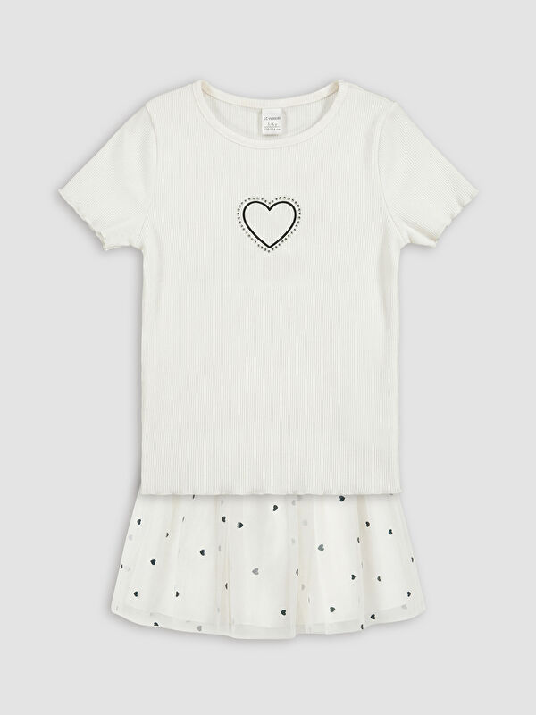 LCW Kids Kalp Baskılı Tüllü Kız Çocuk Takım