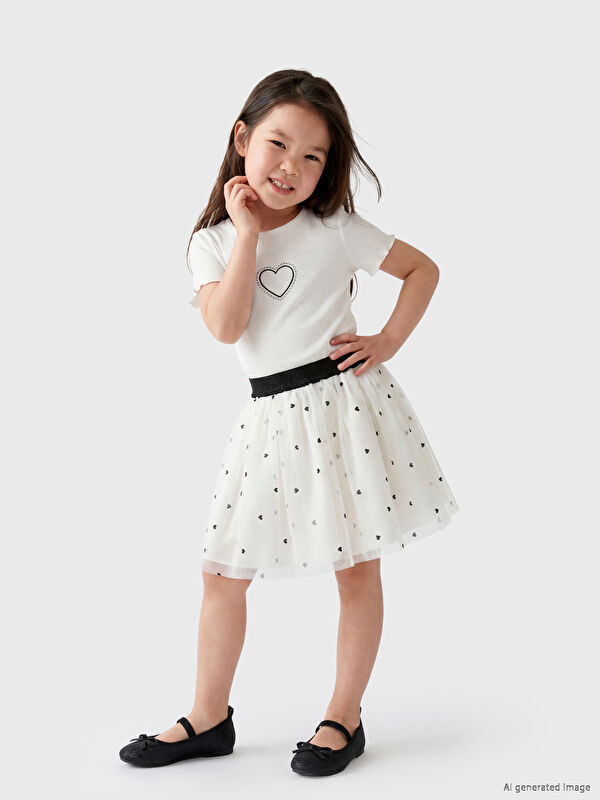 LCW Kids Kalp Baskılı Tüllü Kız Çocuk Takım