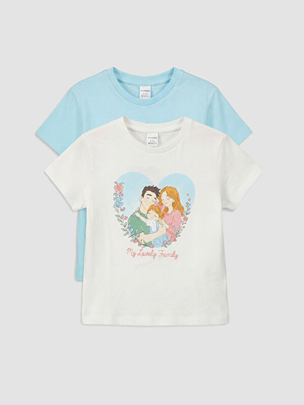 LCW Kids Bisiklet Yaka Baskılı Kız Çocuk 2'li Tişört