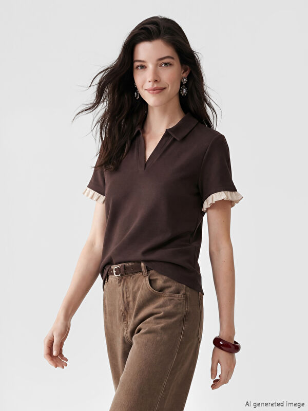 LCW Comfort Polo Yaka Fırfırlı Soft Touch Kadın Tişört
