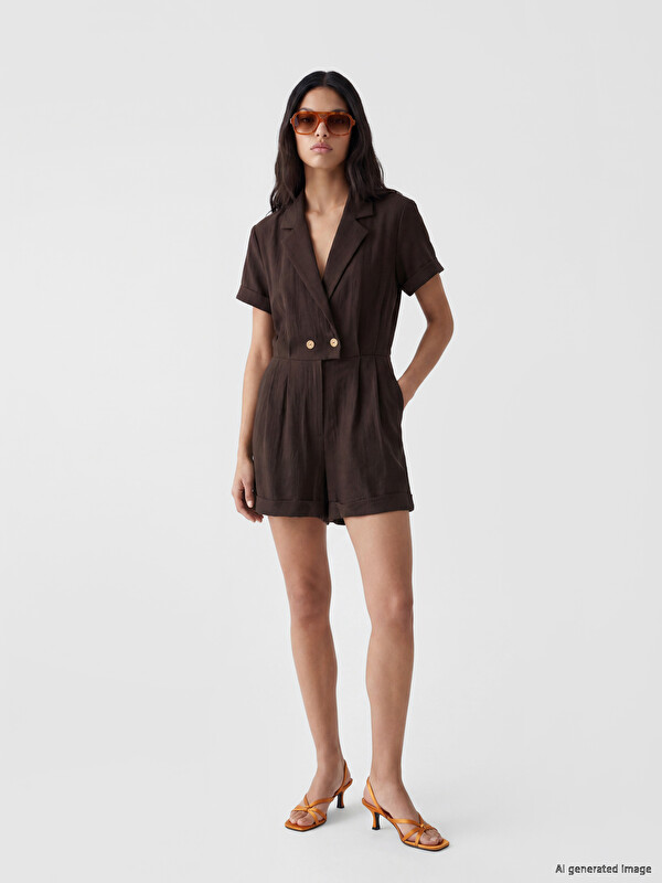 LCW Vision Collared Neck Pleated Women's Short Jumpsuit