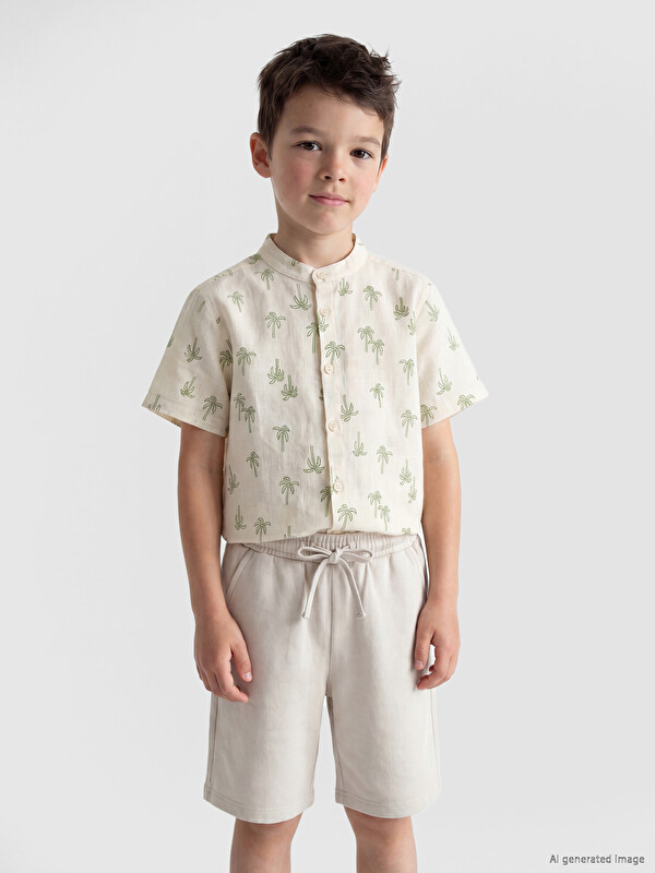 LCW Kids Grandad Collar Printed Poplin Boys' Shirt