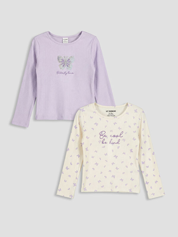LCW Kids Bisiklet Yaka Nakışlı Kız Çocuk Tişört 2'li