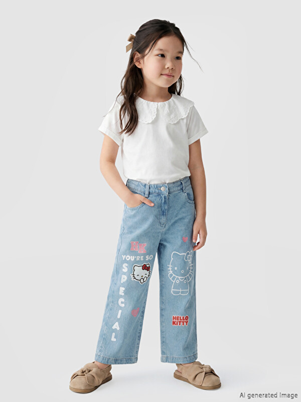 LCW Kids Hello Kitty Baskılı Kız Çocuk Jean Pantolon