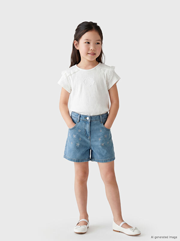 LCW Kids Çiçek Nakışlı Kız Çocuk Jean Şort