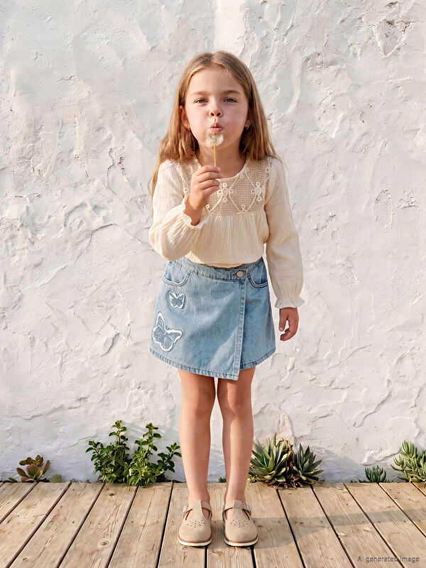 LCW Kids Nakışlı Kız Çocuk Jean Şort Etek