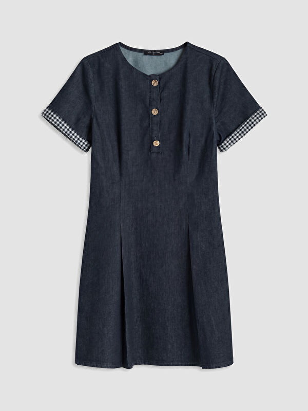 LCW Comfort Bisiklet Yaka Ekose Detaylı Mini Jean Elbise