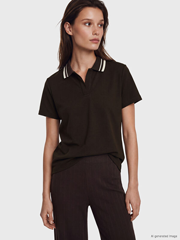 LCW Modest Polo Yaka Çizgili Kadın Tişört