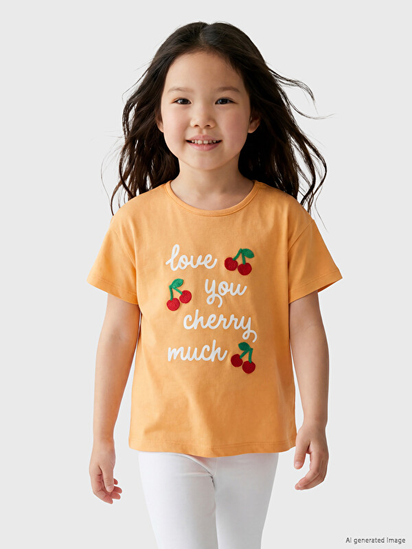 LCW Kids Kiraz Nakışlı Kız Çocuk Tişört