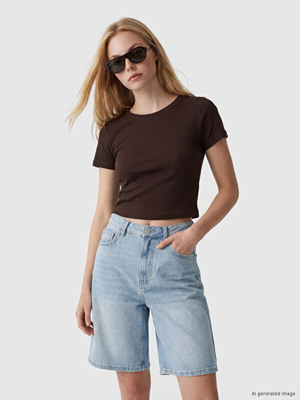 XSIDE Bisiklet Yaka Kadın Crop Tişört