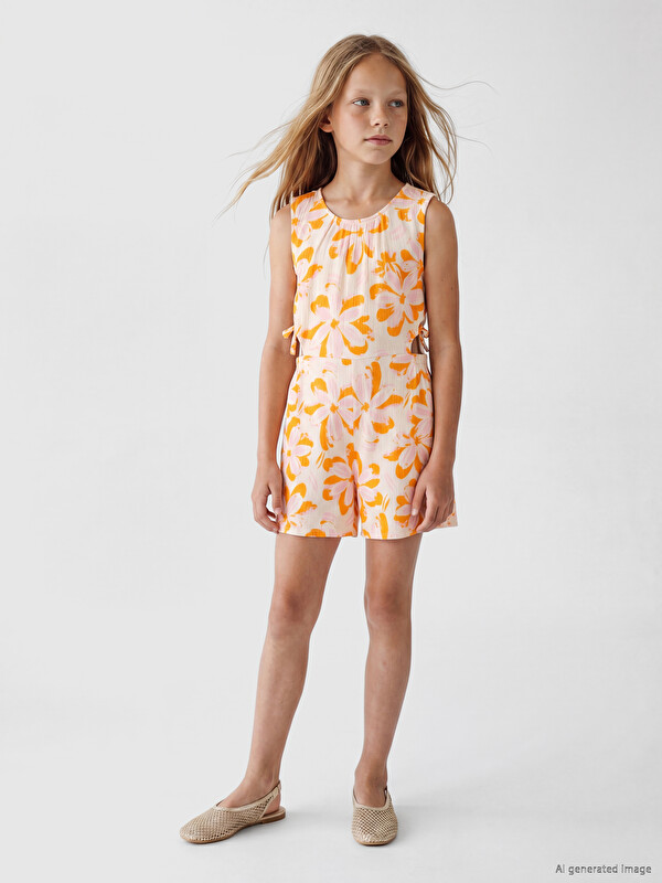 LCW Kids Bisiklet Yaka Çiçek Baskılı Kız Çocuk Tulum